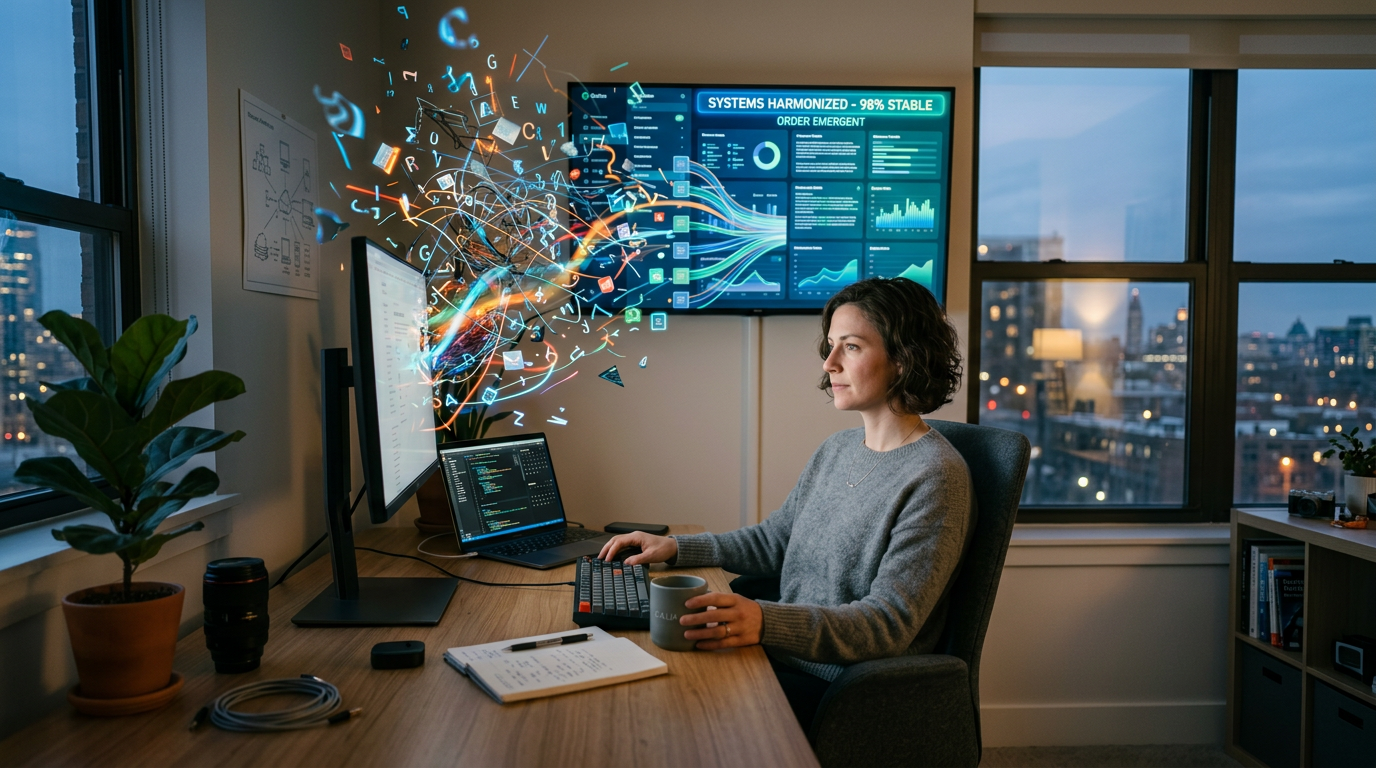 Woman coding at desk with data visualizations and charts on screens